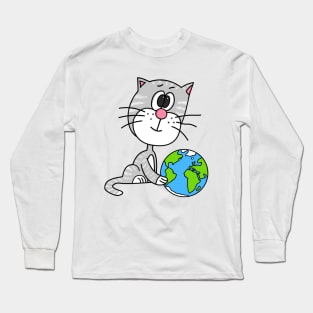 Cat Pushing The Earth, Earth Day 2024 Funny Long Sleeve T-Shirt